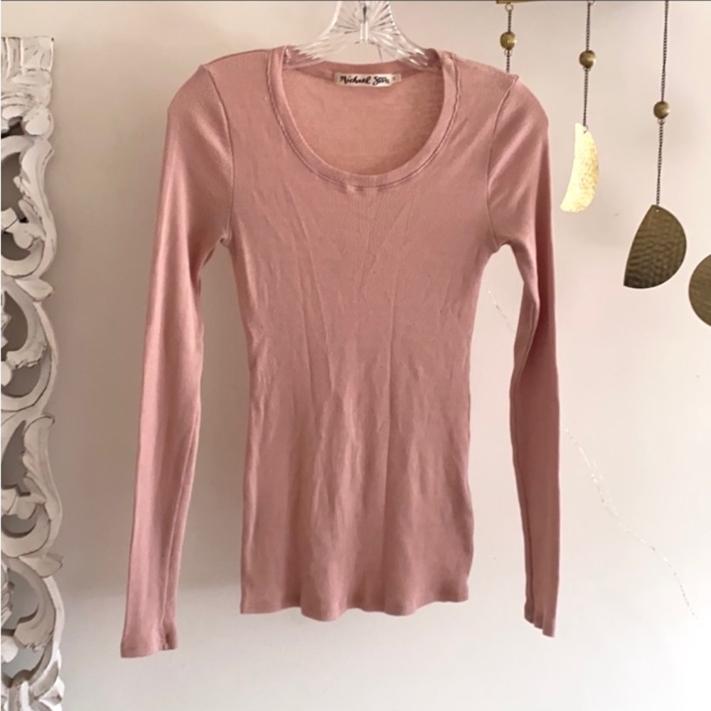 🪞 scoop neck long sleeve ribbed shirt top in pink mauve